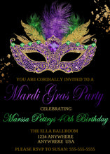 Load image into Gallery viewer, Mardi Gras Birthday Party Invite, Masquerade Birthday Party Invite, Mardi Gras Party Invite, Milestone Birthday Invite, 40th Birthday, 30th