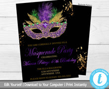 Load image into Gallery viewer, Masquerade Party Invitation, Birthday Party Invite, Masquerade Ball Invitation, Mardi Gras, Milestone Birthday Invitation, 30th, 40th, 50th