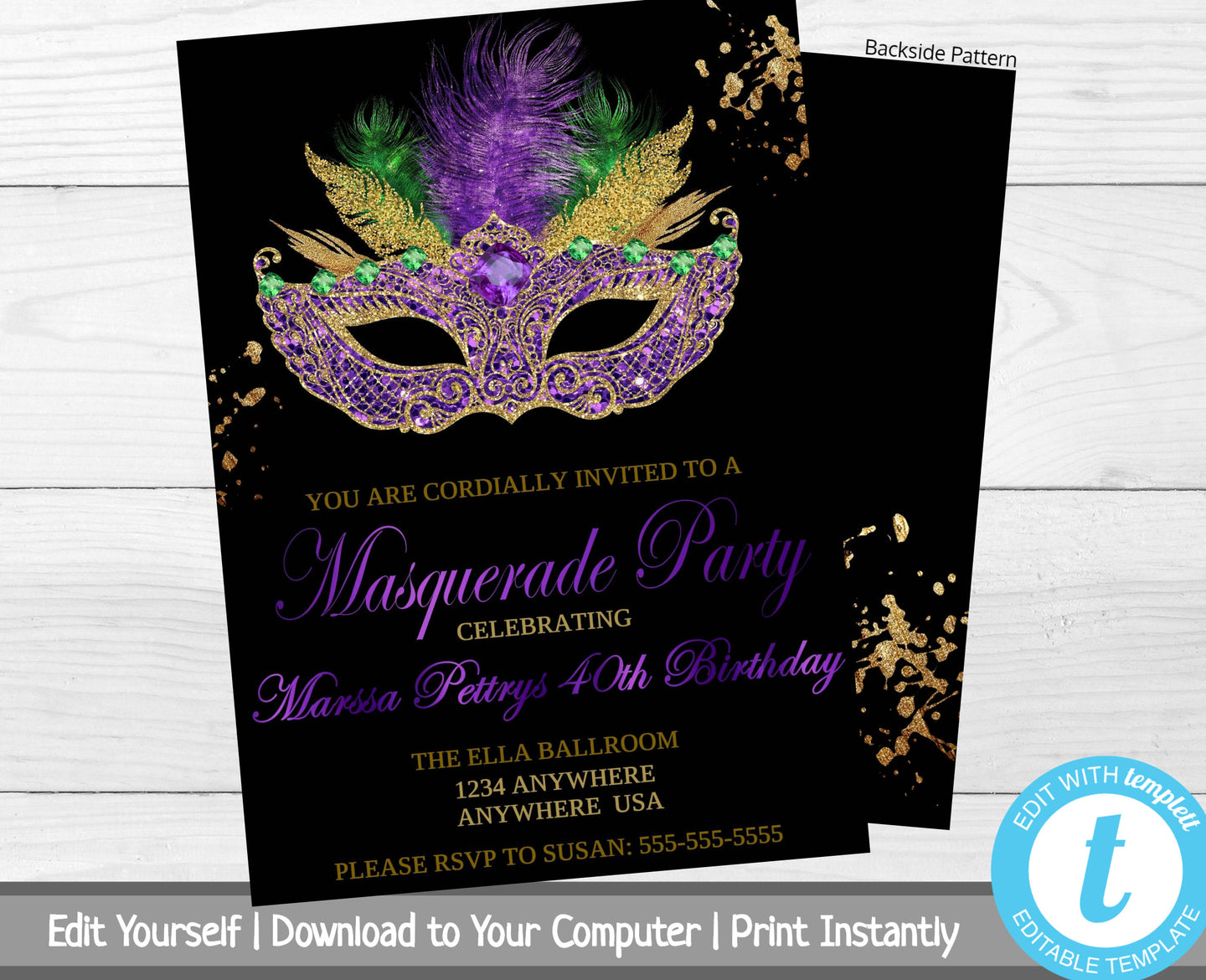 Masquerade Party Invitation, Birthday Party Invite, Masquerade Ball Invitation, Mardi Gras, Milestone Birthday Invitation, 30th, 40th, 50th