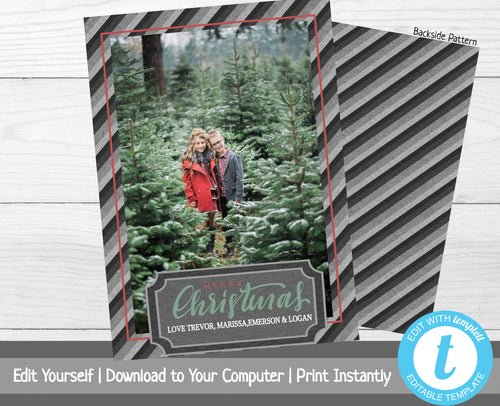 Christmas Card Photo Template, Christmas Card with Photo, Photo Holiday Card, Merry Christmas, Happy Holidays, Printable Template, Stripes