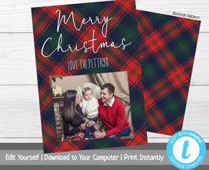 Plaid Christmas Card, Photo Christmas Card Template, Holiday Card with Photo, Merry Christmas, Happy Holidays, Printable Template, Red Plaid