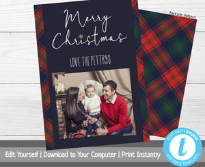 Plaid Christmas Card with Photo, Photo Christmas Card Template, Holiday Card, Merry Christmas, Happy Holidays, Printable Template, Red Plaid