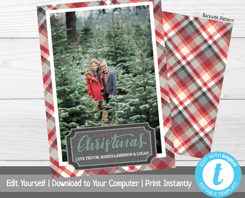 Plaid Christmas Photo Card, Christmas Card with Photo Template, Holiday Card, Merry Christmas, Happy Holidays, Printable Template, Plaid
