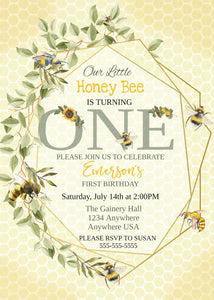 Bee Birthday Invitation , Greenery Birthday Invitatio, Bumblebee, Honey bee, Geometrical, First Birthday, Watercolor, ONE, edit yourself