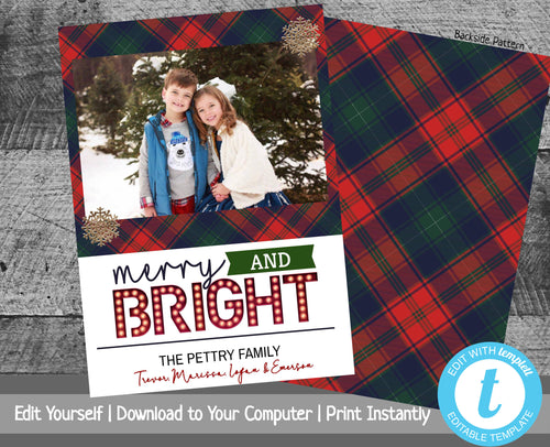 Rustic Christmas Card with Photo, Printable Christmas Card, Merry & Bright, Plaid, Merry Christmas, Happy Holidays, Template, Marquee Letter