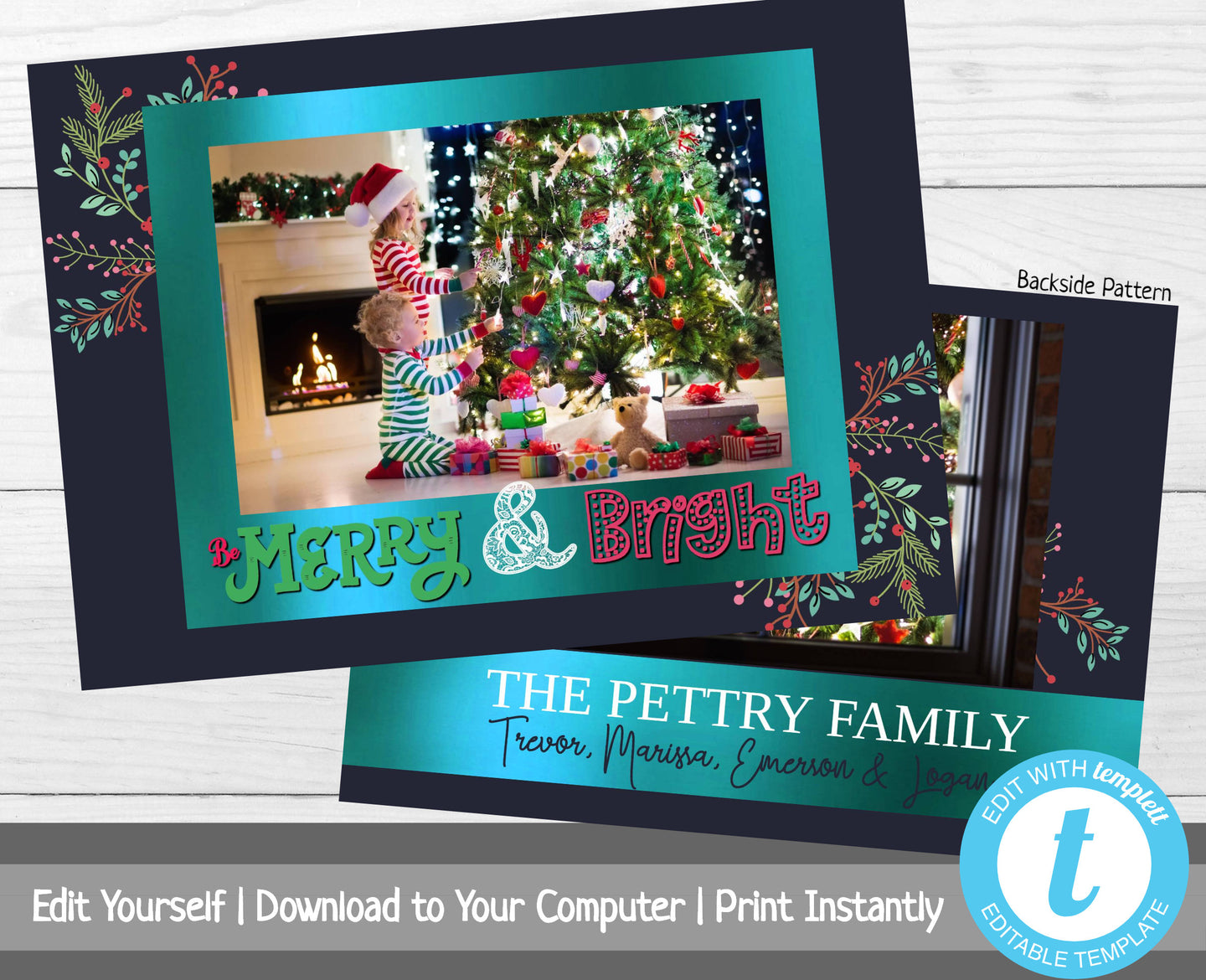Merry & Bright Christmas Card with Photo, Printable Christmas Card, Photo Christmas Card, Merry Christmas, Happy Holidays, Floral, Doodle