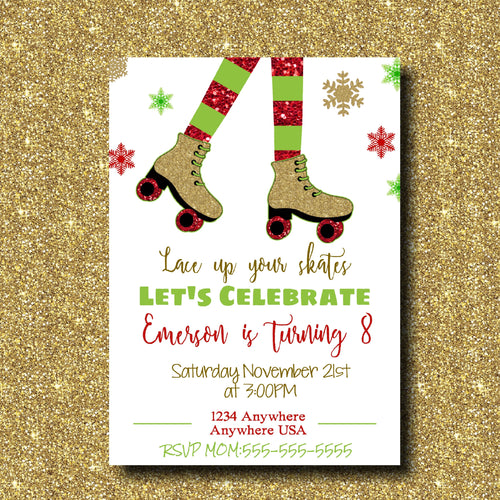 Roller Skating Birthday Invitation, Christmas roller Skating Party, Glitter Skate, Holiday Skate Party, skating invite digital download