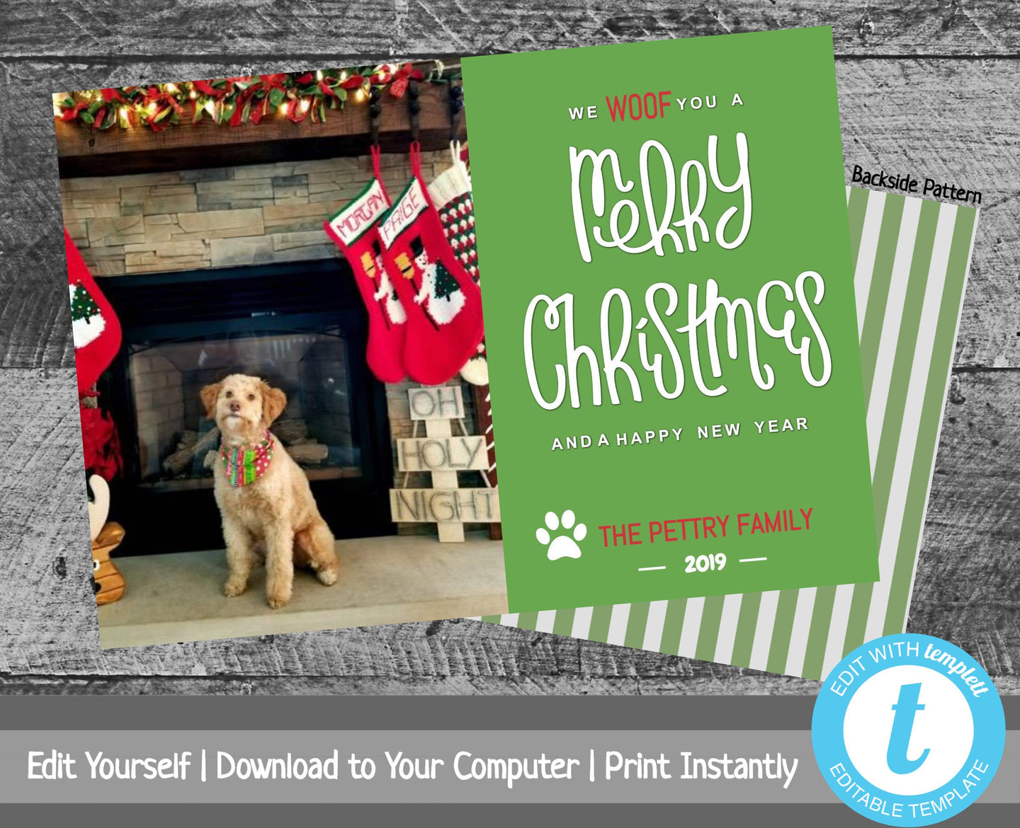Christmas Card Template, Pet Lover, Puppy Photo Christmas Card, Photo Holiday Card, Woof Merry Christmas, Printable Dog Xmas Card