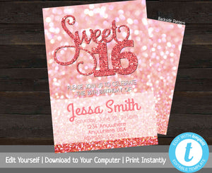 Printable Sweet 16 Invitation, Birthday Invitation Template, Sweet Sixteen Party Invite, Glitter Birthday Invitation, Sweet 16 Invite, Coral