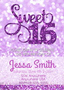 Sweet 16 Invitation Template, Printable Birthday Invitation, Sweet Sixteen Party Invite, Glitter Birthday Invitation, Bday Invite, Purple
