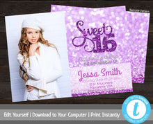 Load image into Gallery viewer, Sweet 16 Party Photo Invitation Template, Birthday Party Invitation with Photo, Sweet Sixteen Party Invitation, Glitter, Bday Invite, Purple