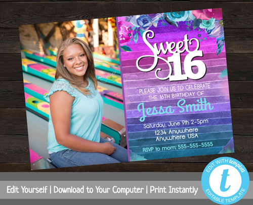 Sweet 16 Photo Invitation, Birthday Party Invitation Template, Sweet 16 Invitation Floral, Sweet 16 Bday Invitation, Printable Party Invite