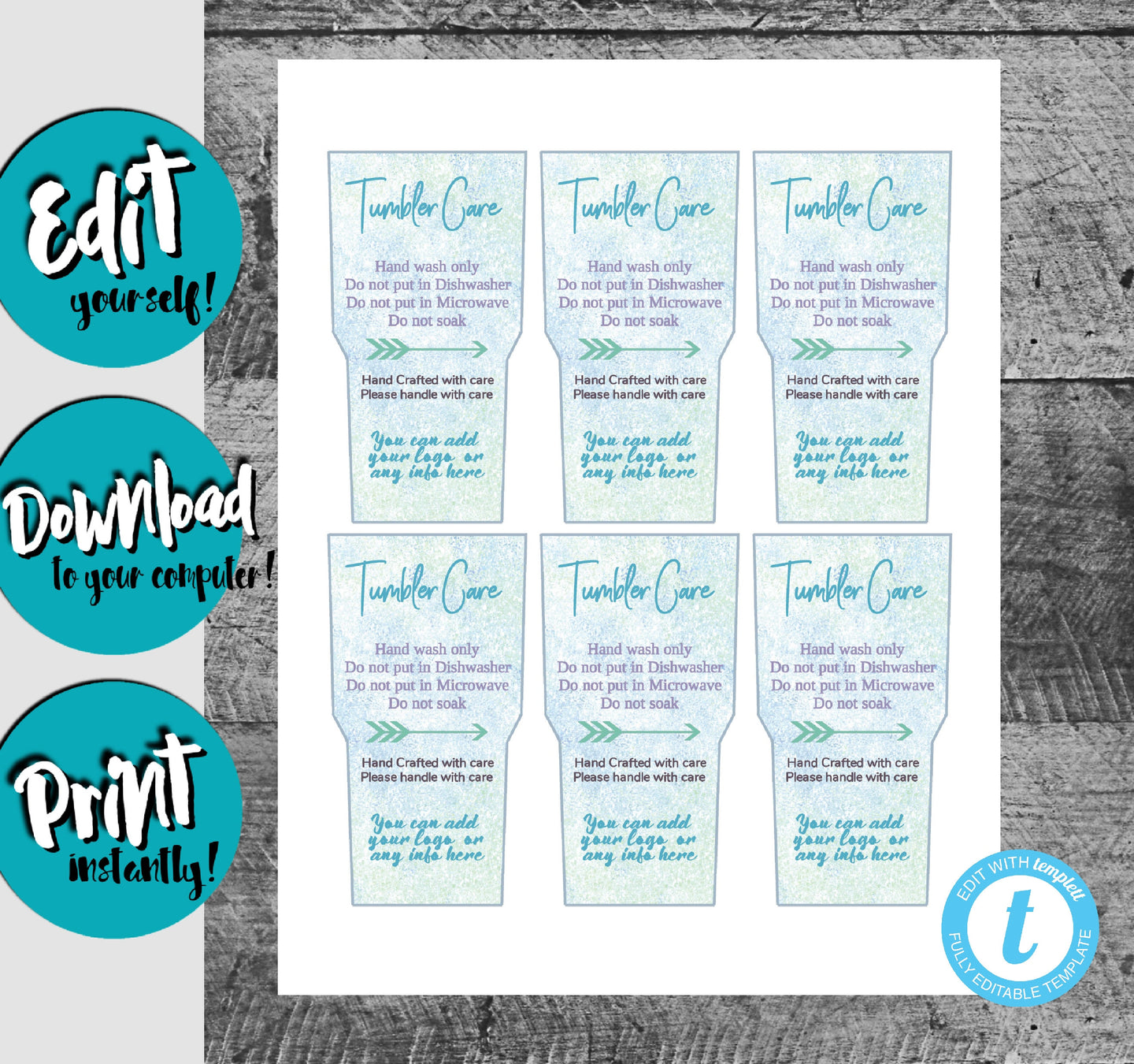 Tumbler Care cards, Add to your tumbler sale, JPEG OR PDF, add your own info or even your logo, edit tumbler care cards yourself and print