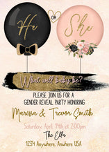 Load image into Gallery viewer, Gender Reveal Invitation, Balloon Gender Reveal, Blush Pink Black Invite, He or She What Will Baby Be, Baby Gender Reveal Instant Download