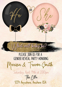Gender Reveal Invitation, Balloon Gender Reveal, Blush Pink Black Invite, He or She What Will Baby Be, Baby Gender Reveal Instant Download