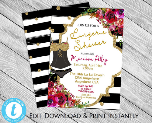 Lingerie Shower Invitation, Bridal Shower Invitation, Gold Glitter Lingerie Shower Invite, Bridal Shower Invite Instant Download, Printable