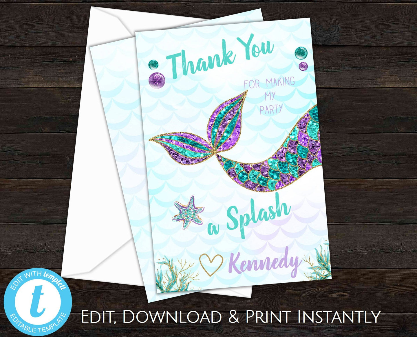 Mermaid Thank You Cards, Mermaid Party, Under The Sea Thank You Cards, Mermaid Birthday Thank You, Editable Thank You Card, Instant Download