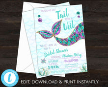 Load image into Gallery viewer, Bridal Shower Invitation, Mermaid Invitation, Mermaid Party, Mermaid Bridal Shower Invitation, Mermaid Tail, Trading My Tail For A Veil