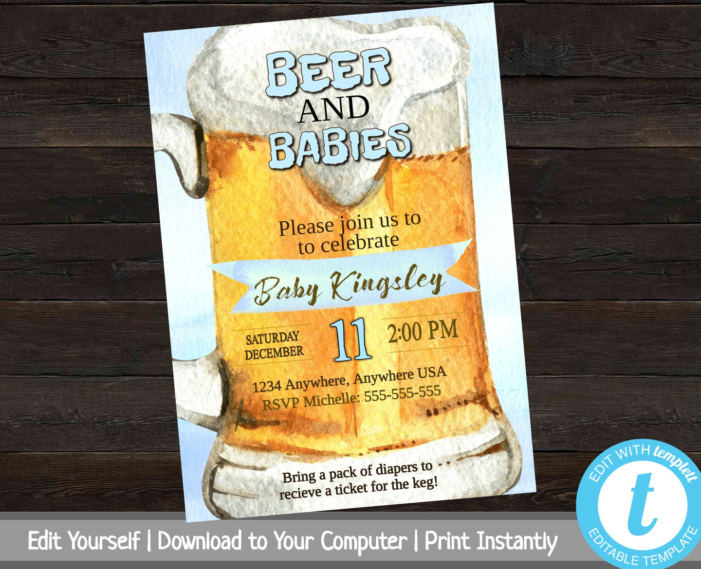 Diaper Party Invitation, Beer and Diaper Shower, Beer and Babies, Man Baby Shower, Dad To Be Shower Invite, Printable Party Invitation, Blue