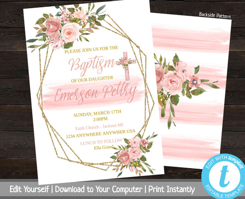 Printable Baptism Invitation, Floral Baptism Invite, Christening Invite, Editable Baptism Invitation, Gold, Pink, Baby Dedication Invite