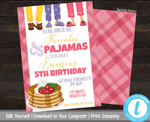 Pancakes and Pajamas Birthday Party Invite, Printable Birthday Party Invitation, Slumber Party Invite, Pink Plaid, Editable, Pajama Party