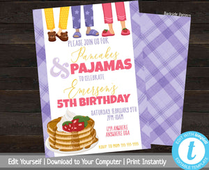 Printable Pancakes and Pajamas Party Invite, Birthday Party Invitation, Slumber Party Invite, Purple Plaid, Editable Template, Pajama Party