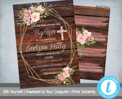 Rustic Baptism Invites, Editable Baptism Invitation, Christening Invite, Printable Baptism Invite, Floral, Gold, Coral, Baby Dedication