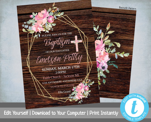 Baptism Invitation, Editable Baptism Invitation, Rustic, Christening Invite, Printable Baptism Invite, Floral, Gold, Pink, Baby Dedication