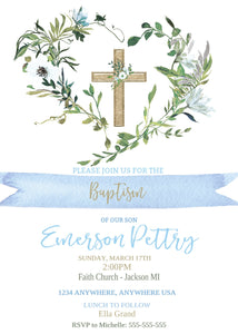 Greenery Baptism Invitation, Boy Baptism Invite, Blue Watercolor, Christening Invitation, Printable, Editable, Baby Dedication, Cross, Heart