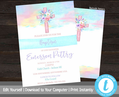 Baptism Invitation Girl, Pastel Baptism Invites, Christening Invite, Editable Baptism Invite, Baby Dedication, Watercolor, Cross, Printable