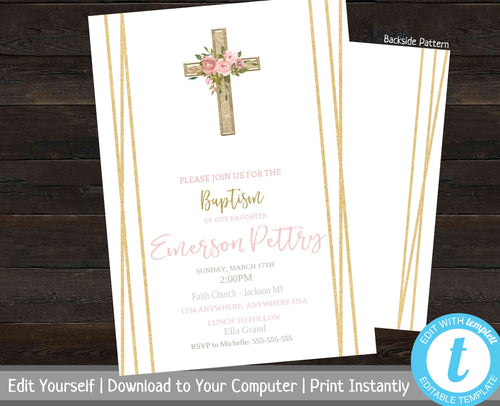 Baptism Invitation, Baptism Invite Instant Download, Girl Baptism, Christening, Editable Baptism Invite, Baby Dedication, Gold, Printable