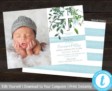Load image into Gallery viewer, Printable Photo Baptism Invite, Boy Baptism Invitation, Christening Invite, Editable Invitation, Baby Boy Dedication, Greenery, Naming Day