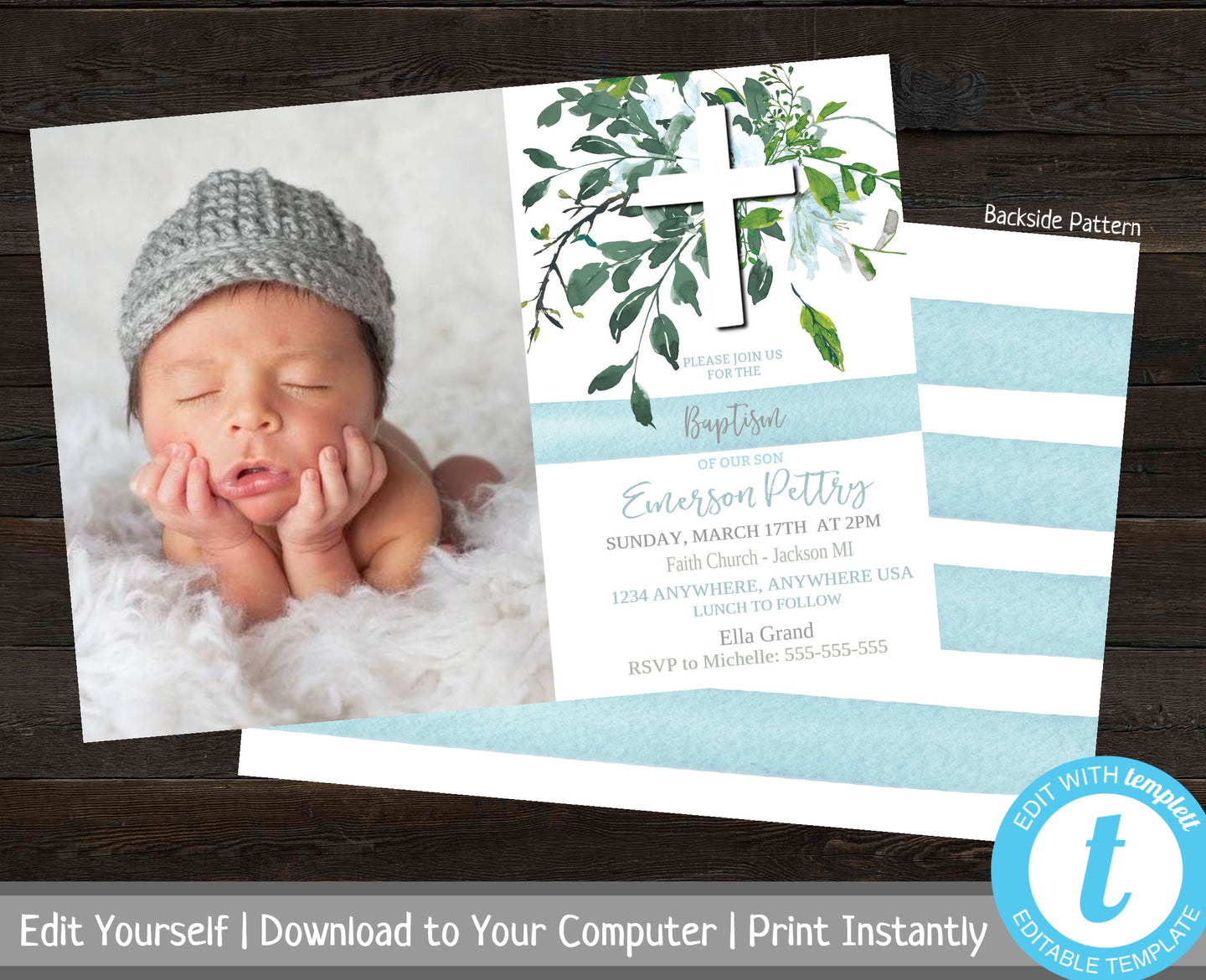 Printable Photo Baptism Invite, Boy Baptism Invitation, Christening Invite, Editable Invitation, Baby Boy Dedication, Greenery, Naming Day