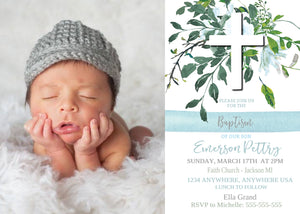 Printable Photo Baptism Invite, Boy Baptism Invitation, Christening Invite, Editable Invitation, Baby Boy Dedication, Greenery, Naming Day