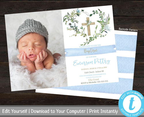 Baptism Invitation with Photo, Boy Baptism Invitation, Christening Invite with Photo, Editable Invitation, Baby Boy Dedication, Greenery