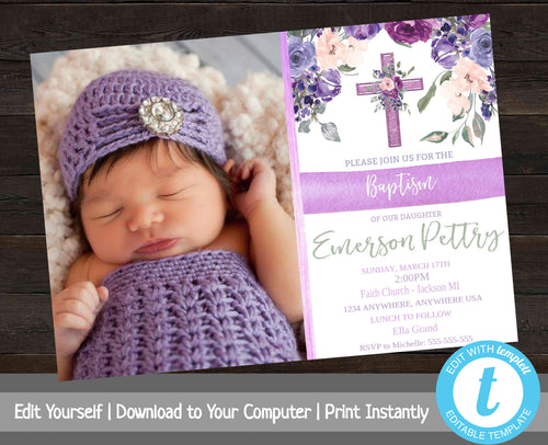 Baptism Invitation, Baptism Invite with Photo, Girl Christening, Baby Dedication Invite, Printable Invitation, Girl Baptism, Floral Invite