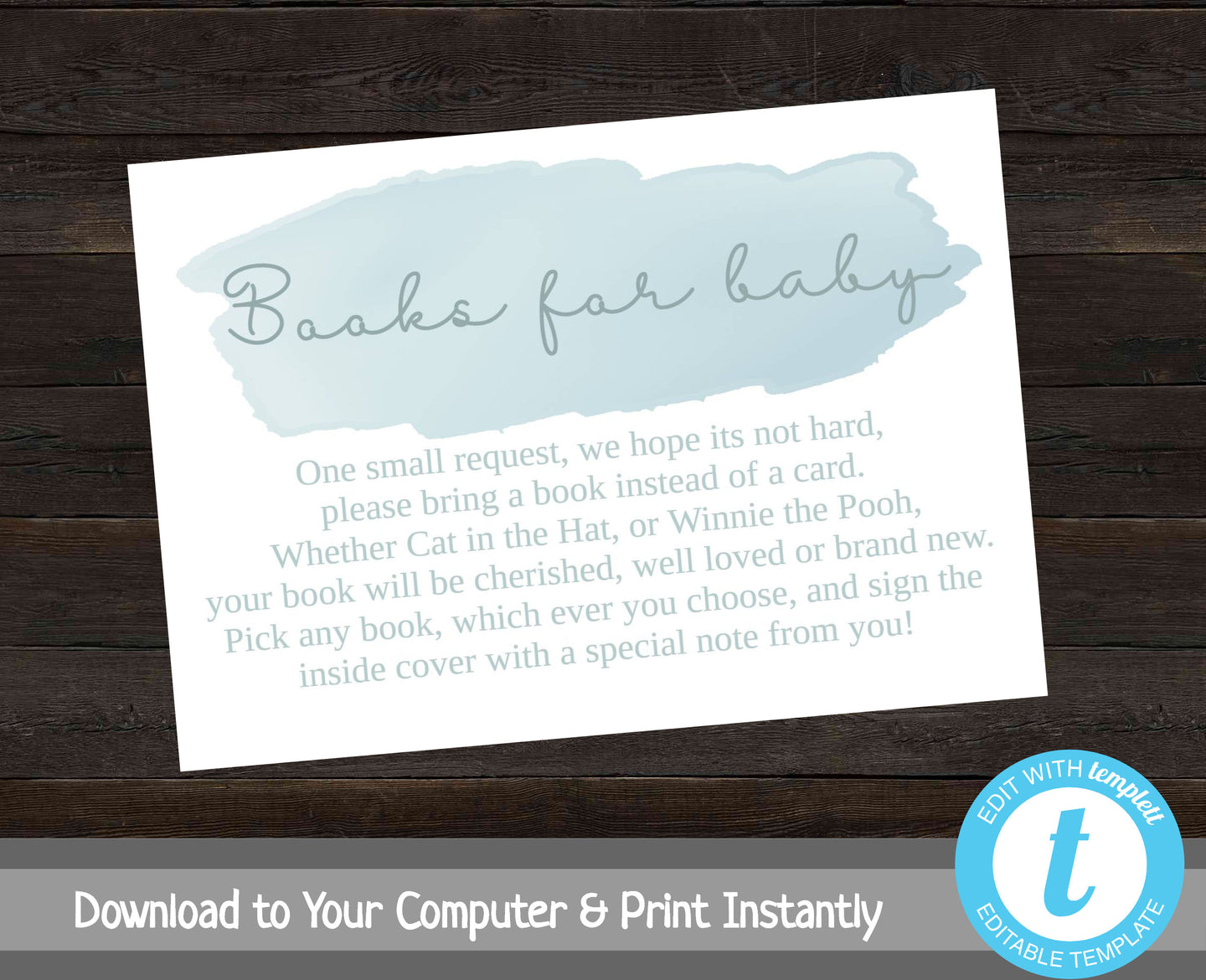 Book Request Printable, Books for Baby Insert Card, Baby Shower Invitation Insert, Stock the Library, Bring a Book, Instant Download, Blue