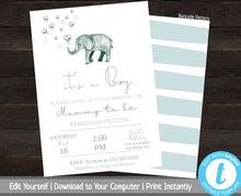 Load image into Gallery viewer, Elephant Baby Shower Invitation, Blue Elephant Baby Shower Invite, Printable Baby Shower Invitation, It&#39;s A Boy, Invitation Template, Hearts