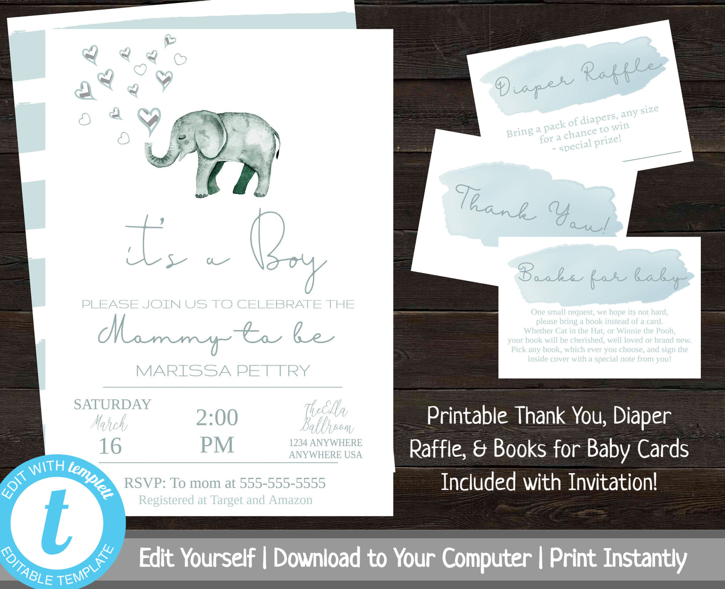 Elephant Baby Shower Invitation Set, Baby Shower Invitation Package, Invitation Bundle, Printable Baby Shower Invites, Blue Elephant Baby