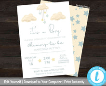 Load image into Gallery viewer, Cloud Baby Shower Invitation, Printable Baby Shower Invite, Boy Baby Shower Invitation, Clouds and Stars, Invitation Template, Yellow, Blue