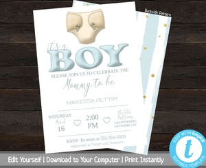 Diaper Baby Shower Invitation, Printable Shower Invite, Baby Shower Invitation Boy, Baby Boy, Invitation Template, Blue, Yellow, It's a Boy