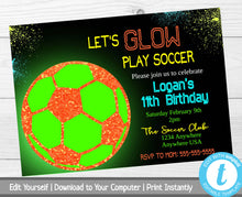 Load image into Gallery viewer, Soccer Birthday Invitation, Let&#39;s Glow Play Soccer, Birthday Party Invitation Template, Neon Party Invitation, Printable Bday Party Invite