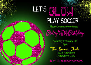 Soccer Party Invitation, Let's Glow Play Soccer, Birthday Party Invitation Template, Neon Birthday Party Invitation, Printable Party Invite