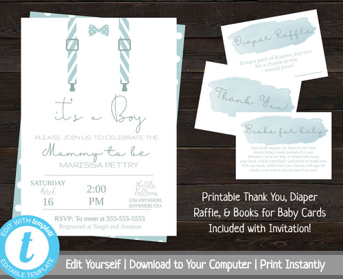 Baby Shower Invitation Set, Boy Baby Shower Package, Simple Shower Invitation, Baby Shower Bundle, Printable Baby Shower Invites, Suspenders