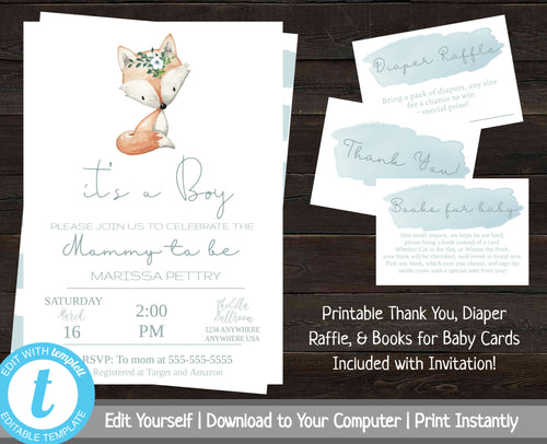 Animal Baby Shower Invitation Package, Boy Baby Shower Package, Woodland Shower Invitation, Baby Shower Bundle, Printable Shower Invite, Fox