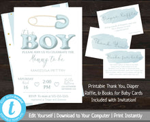 Load image into Gallery viewer, Simple Baby Shower Invitation, Boy Baby Shower Invitation Set, Baby Shower Invitation Package, Baby Shower Bundle, Printable, Diaper Pin