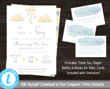 Load image into Gallery viewer, Clouds and Stars Baby Shower Invitation, Baby Shower Invite Boy, Baby Shower Package, Baby Shower Bundle, Printable Invitation Set, Yellow