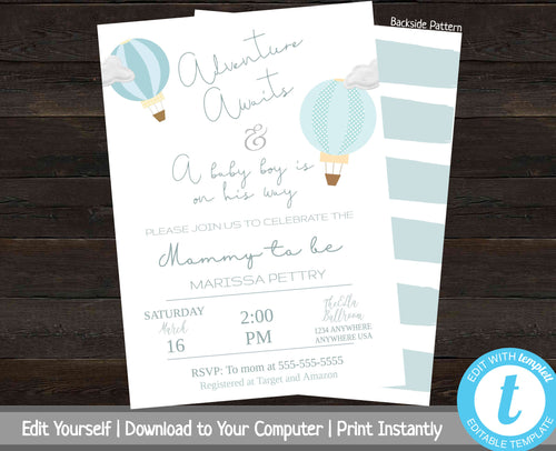 Adventure Baby Shower Invitation, Baby Shower Invite Boy, Adventure Awaits Baby Shower Invitation, Invitation Template, Hot Air Balloons