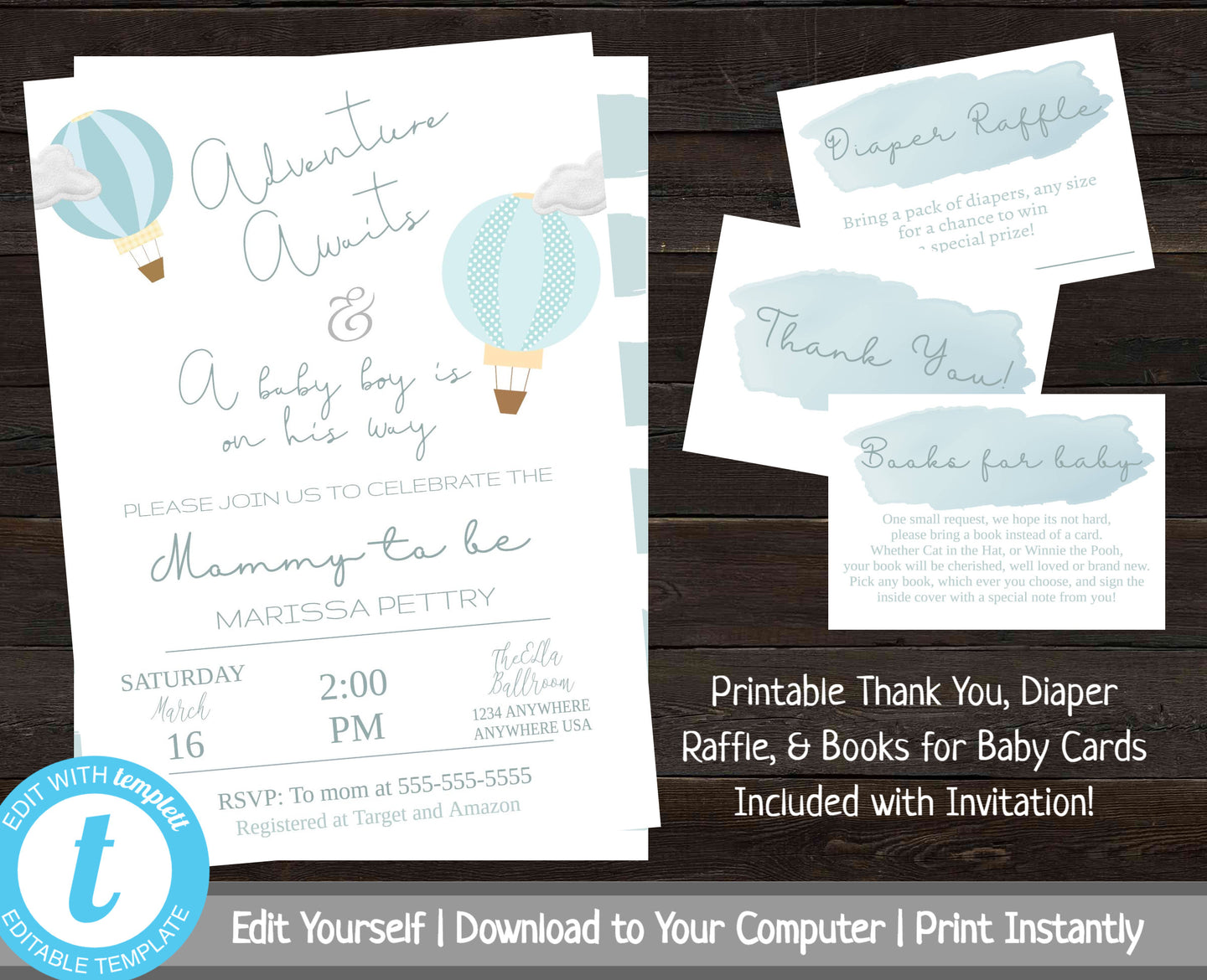 Adventure Awaits Baby Shower Bundle, Baby Shower Invitation Boy, Shower Set, Baby Shower Bundle, Printable Invite Package, Hot Air Balloon