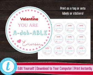 Printable Valentine's Day Tag, Editable Valentine Label, Valentine Sticker, Kid Valentine, Valentine You Are A-doh-ABLE, Valentines Day Gift